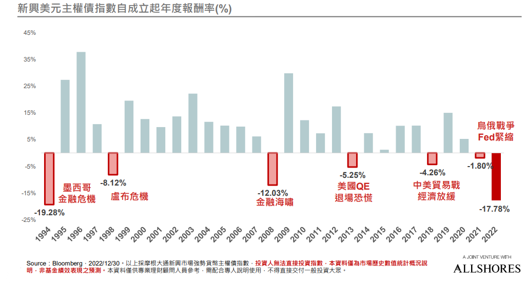 新興美元主權債指數自成立起年度報酬率(%)